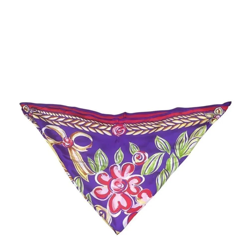 New Bob Mackie Wearable Art Silk Purple, Burgundy & Gold Floral/Bow Scarf/Wrap.